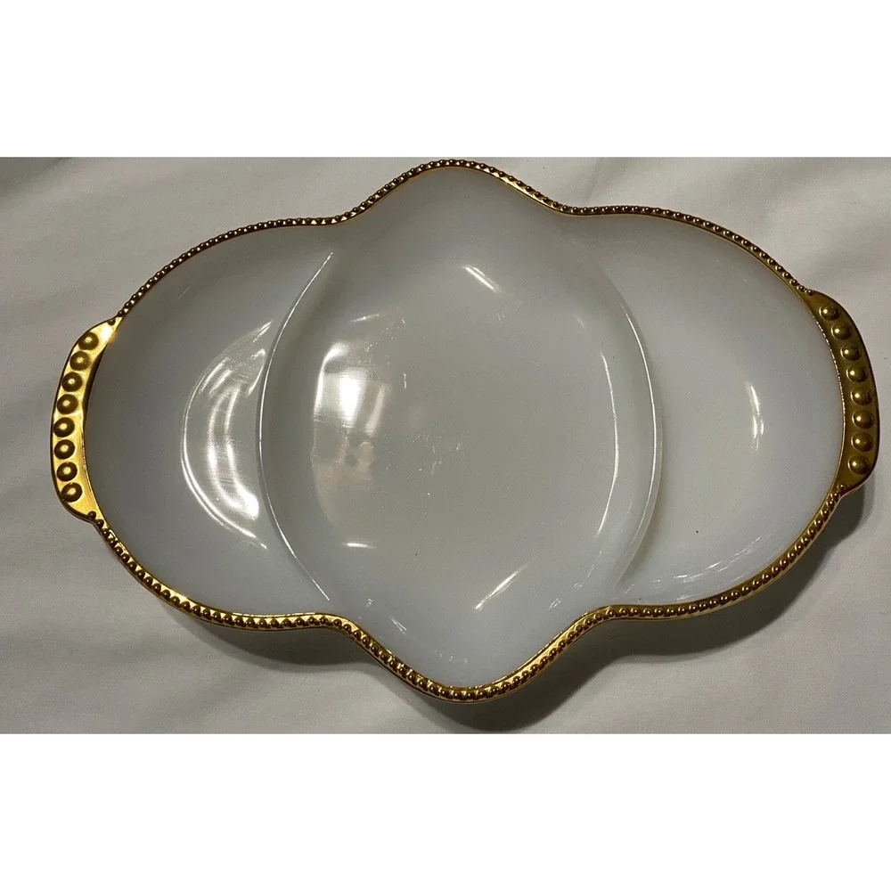 Vintage Fire King Oven Ware White Milk Glass Divided Dish Gold Hobnail Edge